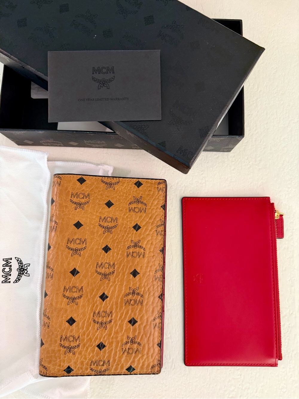 MCM Cognac Visetos Passport Cover with Red Leather Zip Card Wallet